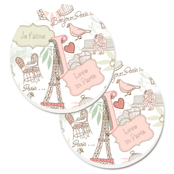 Carolines Treasures Letter J Love in Paris Pink Cup Holder Car Coaster, PK2 CJ2002-JCARC - main